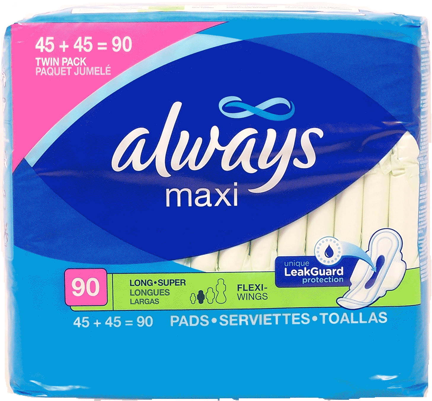 Always  Maxi pads, long, super; 2 45-count packs Full-Size Picture